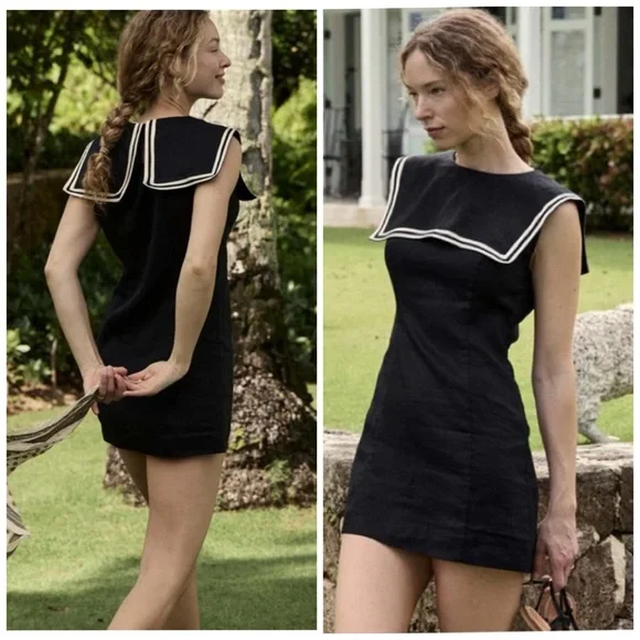 Doen Monroe Linen Sailor Collar Sleeveless Mini Dress Black NWT